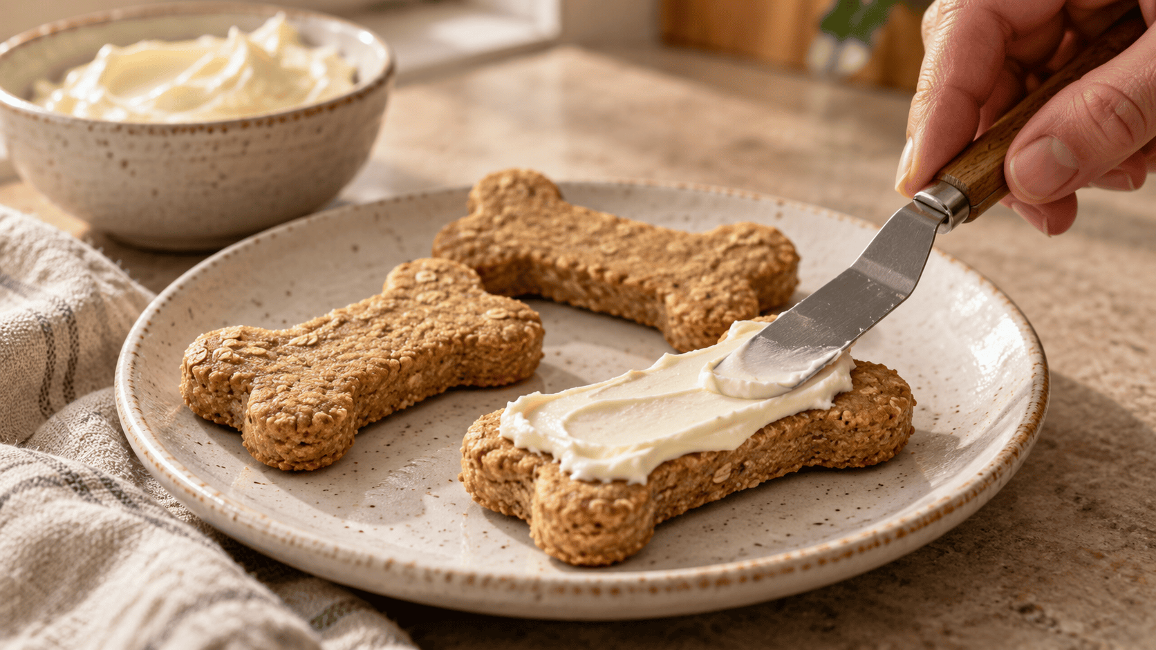 Hand spreading cream cheese frosting onto a bone-shaped dog biscuit with an offset spatula