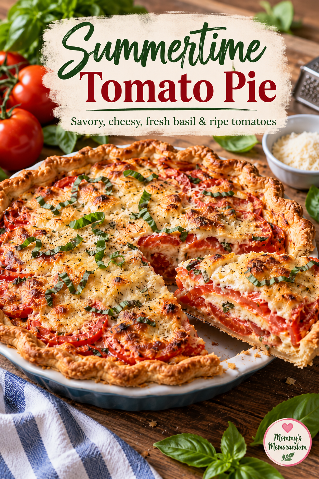 Summertime Tomato Pie Recipe Summertime tomato pie with ripe tomatoes, basil, Parmesan cheese, and flaky crust