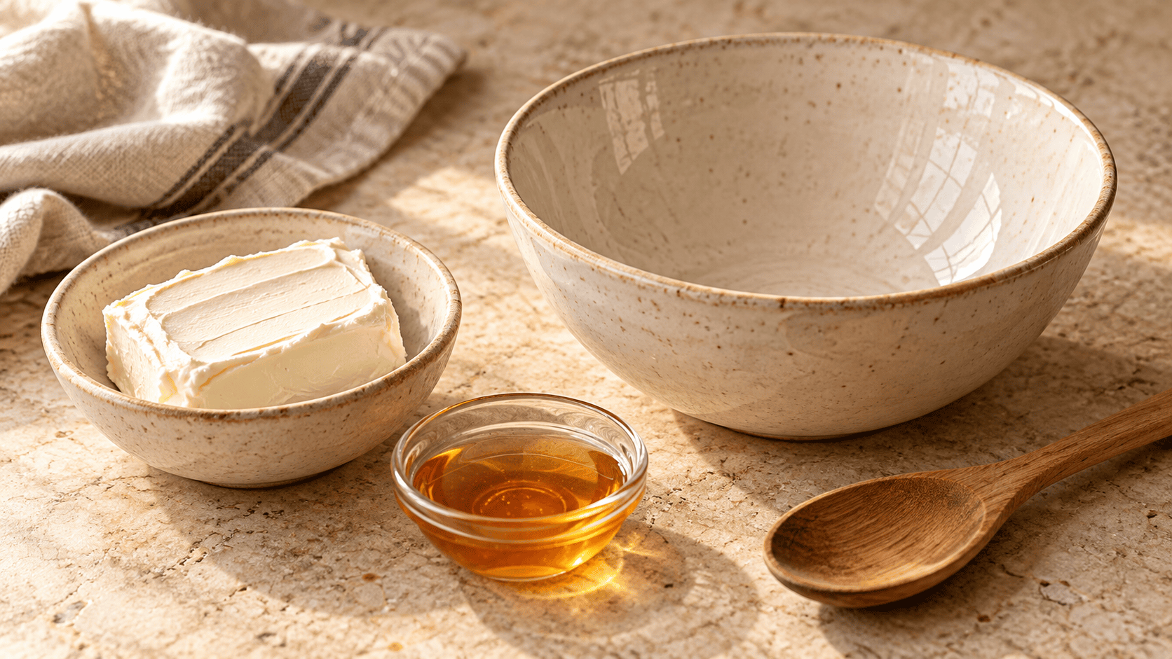 Plain cream cheese and honey in small dishes beside a mixing bowl and wooden spoon