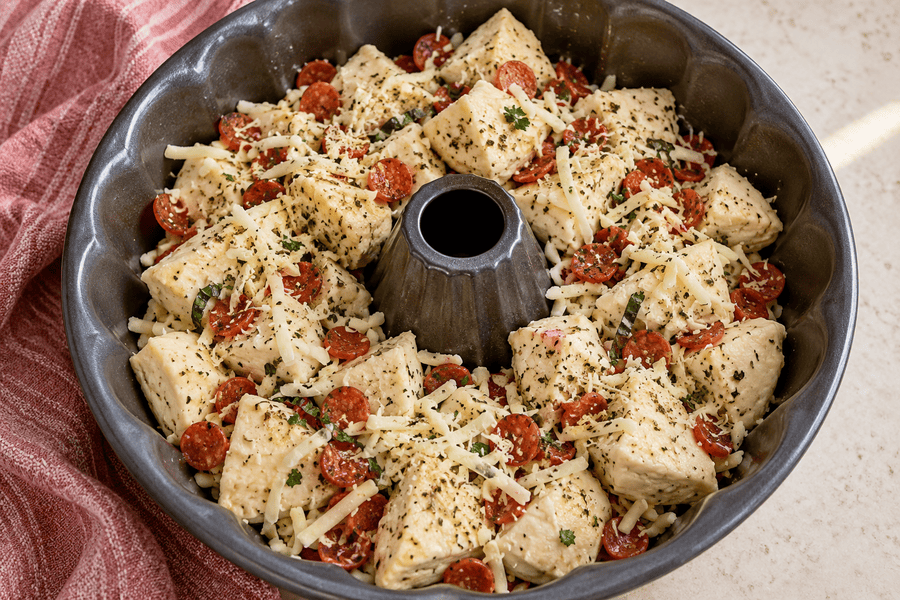 Unbaked biscuit quarters with mini pepperoni, shredded cheese, and herbs loosely arranged around the center tube of a Bundt pan.