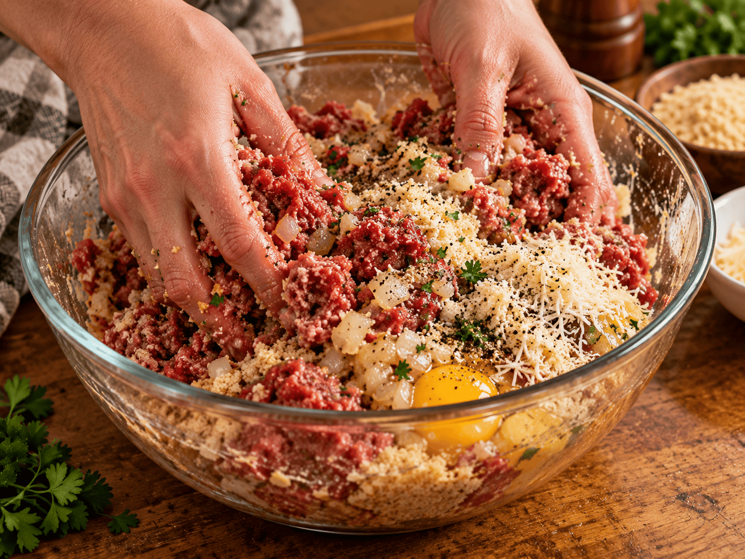 Hands gently mixing ground beef, breadcrumbs, eggs, Parmesan, and seasonings for Instant Pot meatloaf