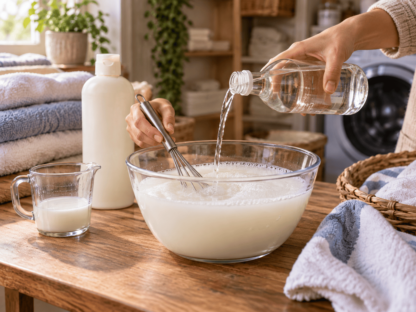 Pouring white vinegar into conditioner mixture for homemade fabric softener