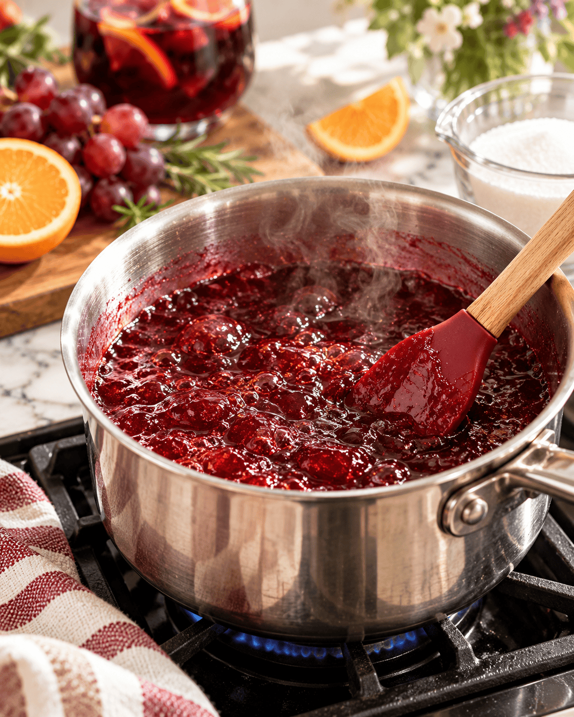Ruby-red sangria jelly boiling in a stainless steel saucepan with a silicone spatula