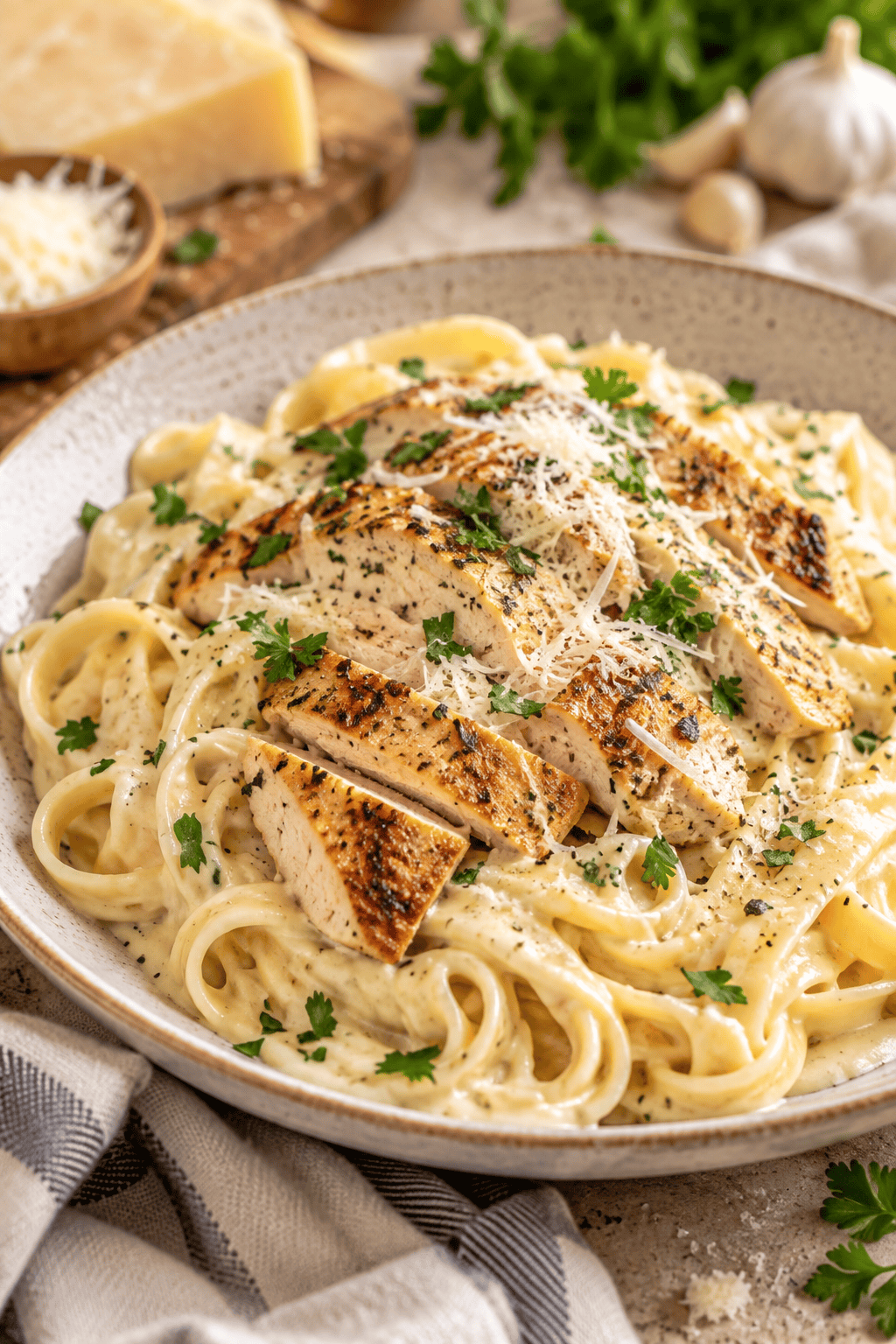 Chicken Alfredo made with copycat Olive Garden Alfredo sauce over fettuccine with Parmesan and parsley
