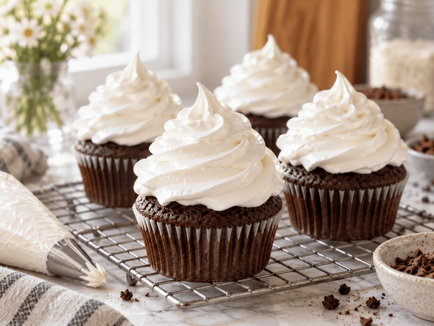 Chocolate cupcakes topped with fluffy homemade marshmallow frosting