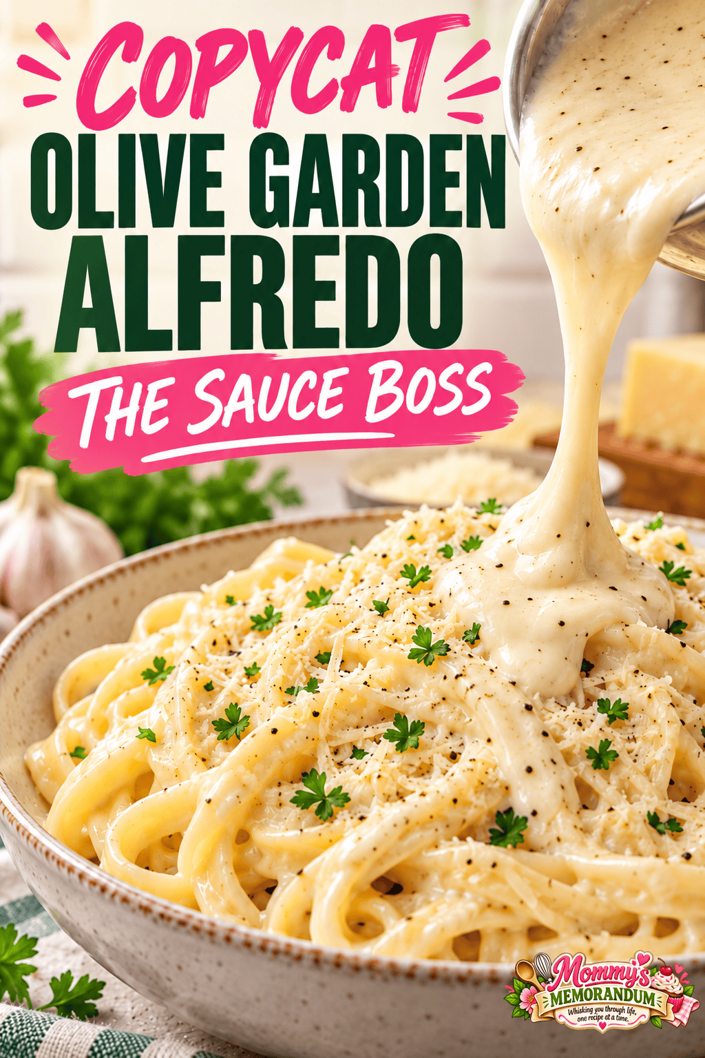 Pinterest graphic for copycat Olive Garden Alfredo sauce with creamy fettuccine and Parmesan