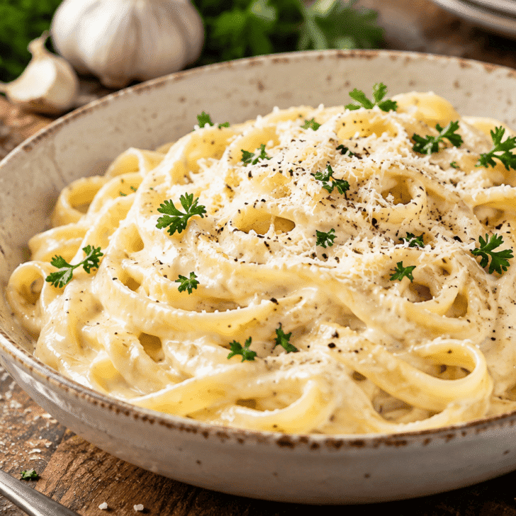 Rich, creamy copycat Olive Garden Alfredo sauce tossed with fettuccine and finished with Parmesan, parsley, and cracked black pepper.