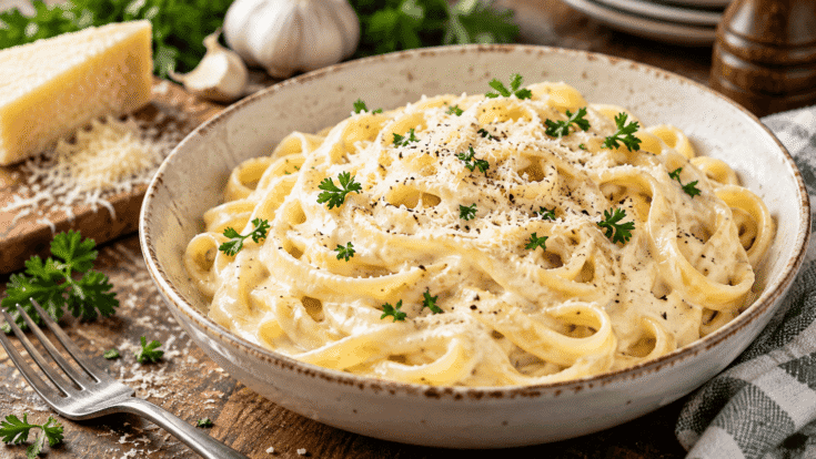 Rich, creamy copycat Olive Garden Alfredo sauce tossed with fettuccine and finished with Parmesan, parsley, and cracked black pepper.