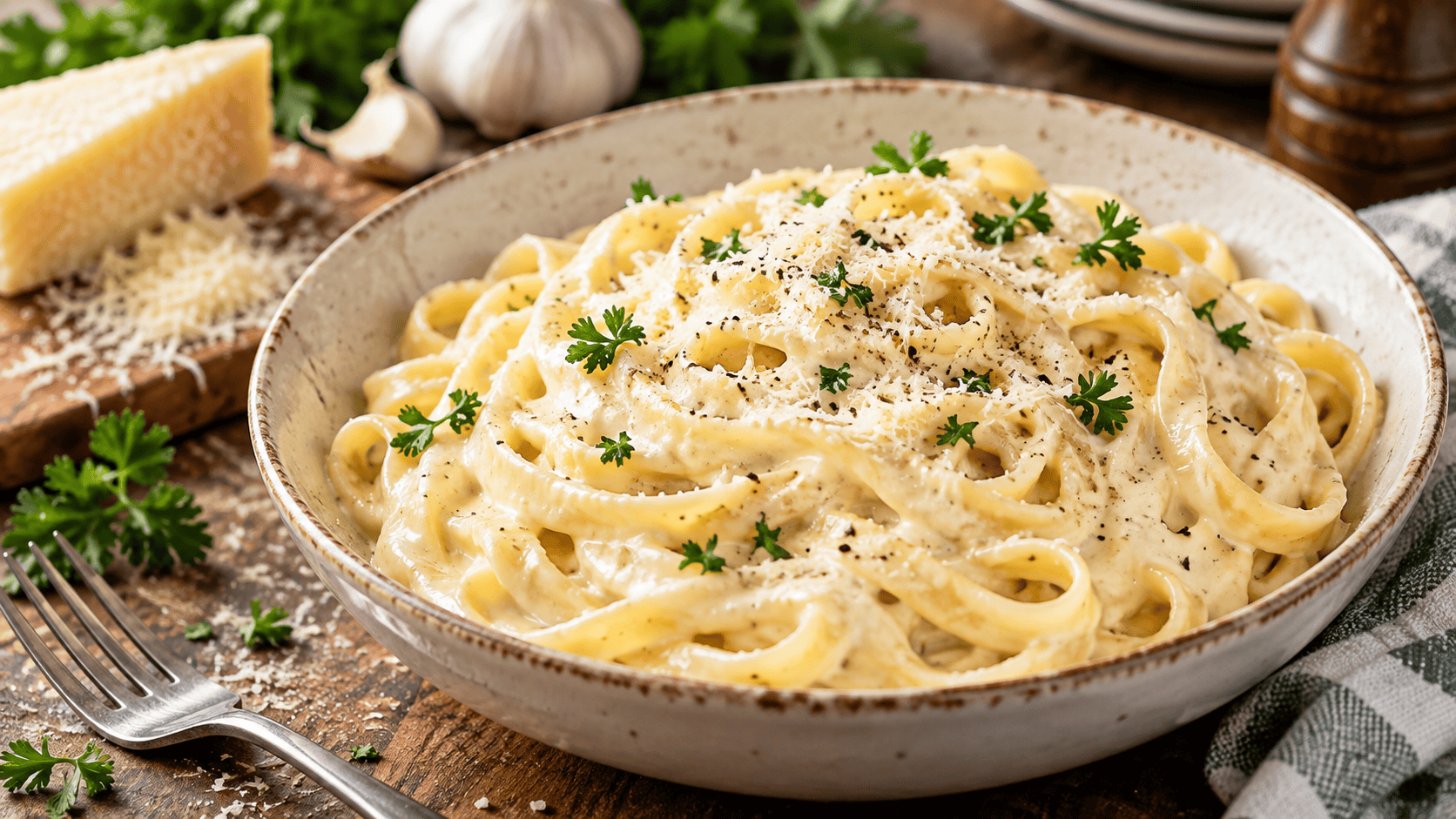 Copycat Olive Garden Alfredo sauce served over fettuccine with Parmesan, parsley, and black pepper