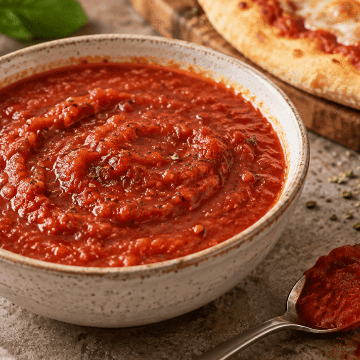 Copycat Pizza Hut pizza sauce in a bowl with garlic, basil, and homemade pizza