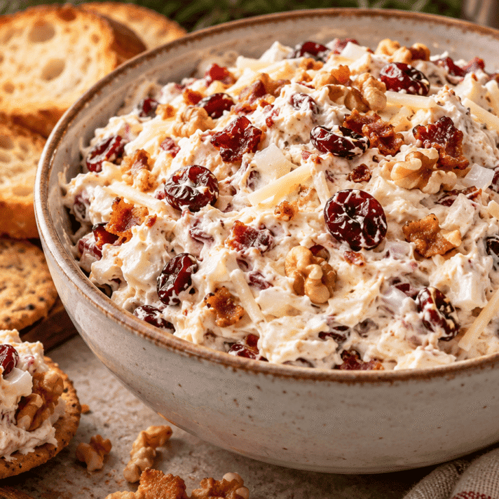 Creamy cranberry walnut dip in a rustic bowl with crackers and crostini, garnished with dried cranberries, walnuts, bacon bits, and Swiss cheese.