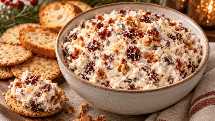Creamy cranberry walnut dip in a rustic bowl with crackers and crostini, garnished with dried cranberries, walnuts, bacon bits, and Swiss cheese.