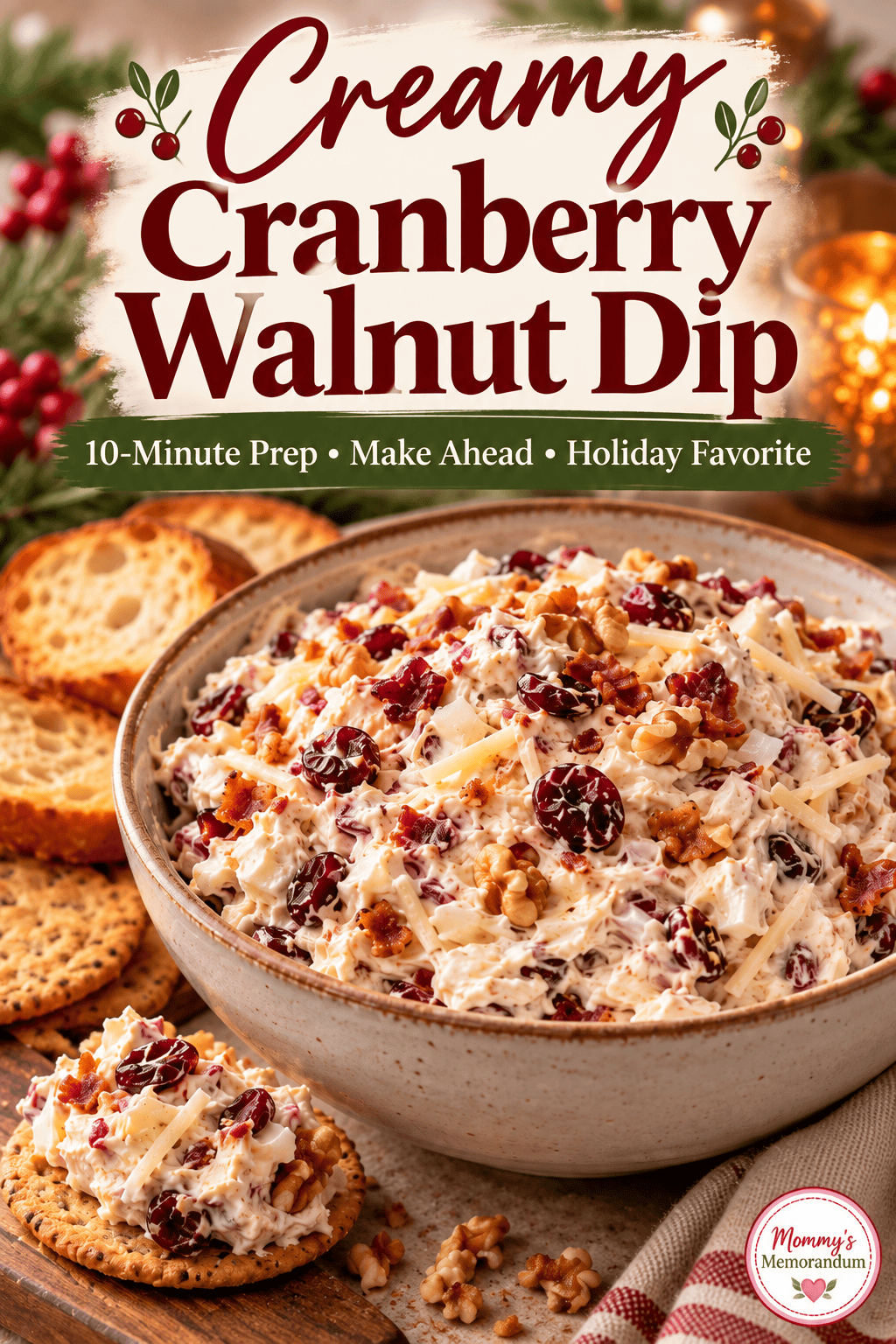 Pinterest graphic for creamy cranberry walnut dip with text reading Creamy Cranberry Walnut Dip and 10-Minute Prep, Make Ahead, Holiday Favorite.