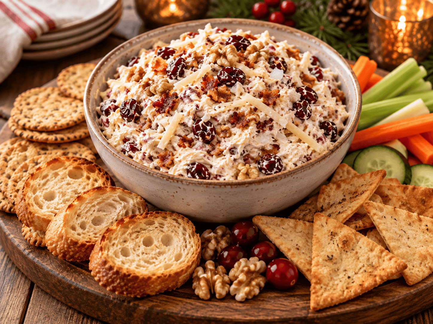 Finished creamy cranberry walnut dip served with crackers, crostini, pita chips, and fresh vegetables on a holiday appetizer board.