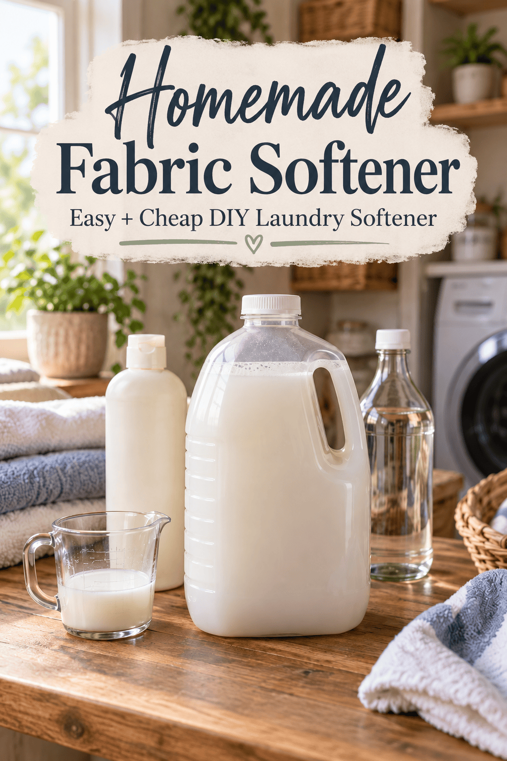 Homemade fabric softener made with conditioner, white vinegar and hot water for an easy inexpensive DIY laundry softener
