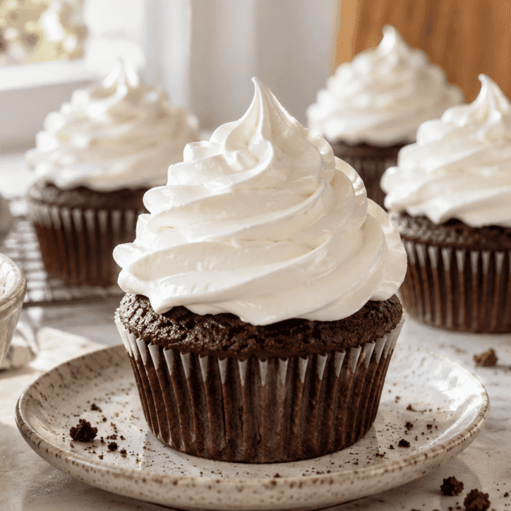 Easy marshmallow frosting piped high on a chocolate cupcake with extra frosting in a bowl