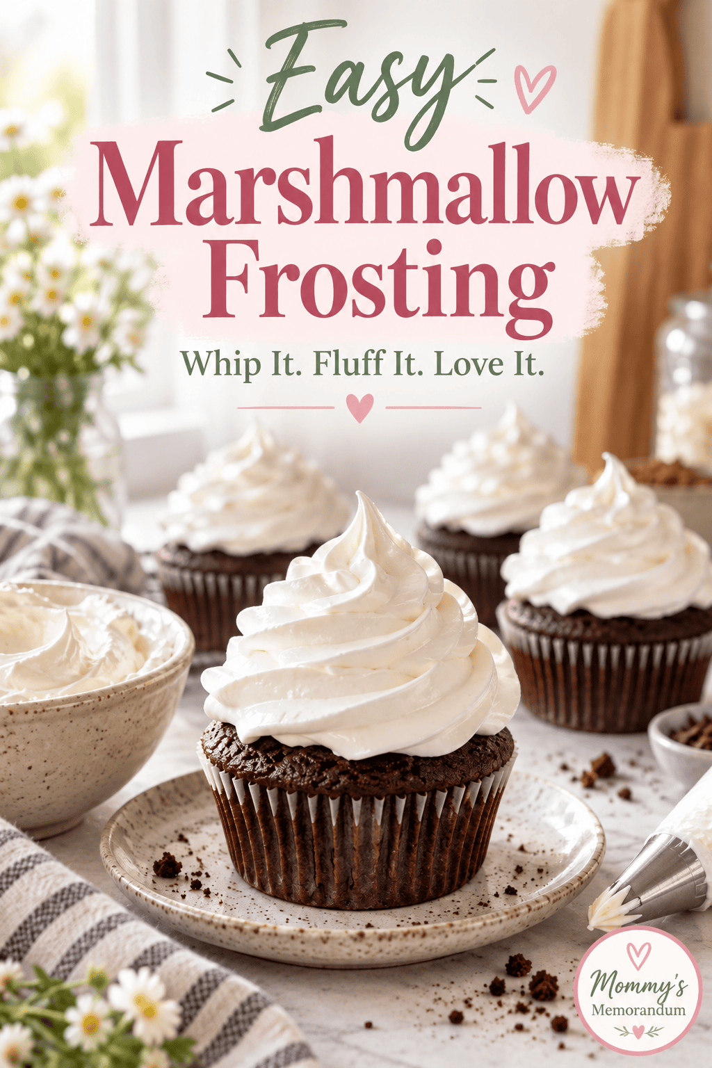 Easy marshmallow frosting recipe on chocolate cupcakes with fluffy white frosting