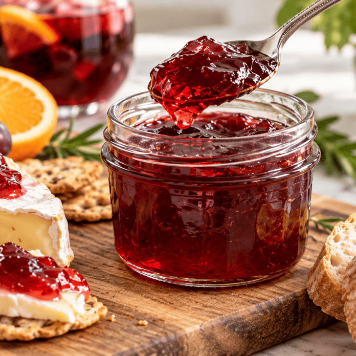 Sangria jelly in a glass jar with Brie, crackers, grapes, orange slices, and a spoonful of ruby-red jelly
