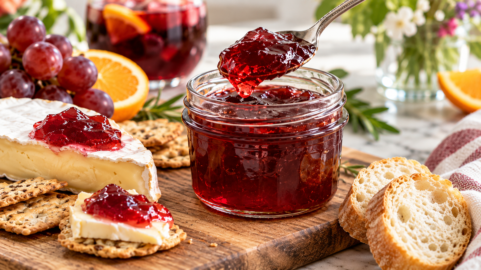 Sangria jelly in a glass jar with Brie, crackers, grapes, orange slices, and a spoonful of ruby-red jelly
