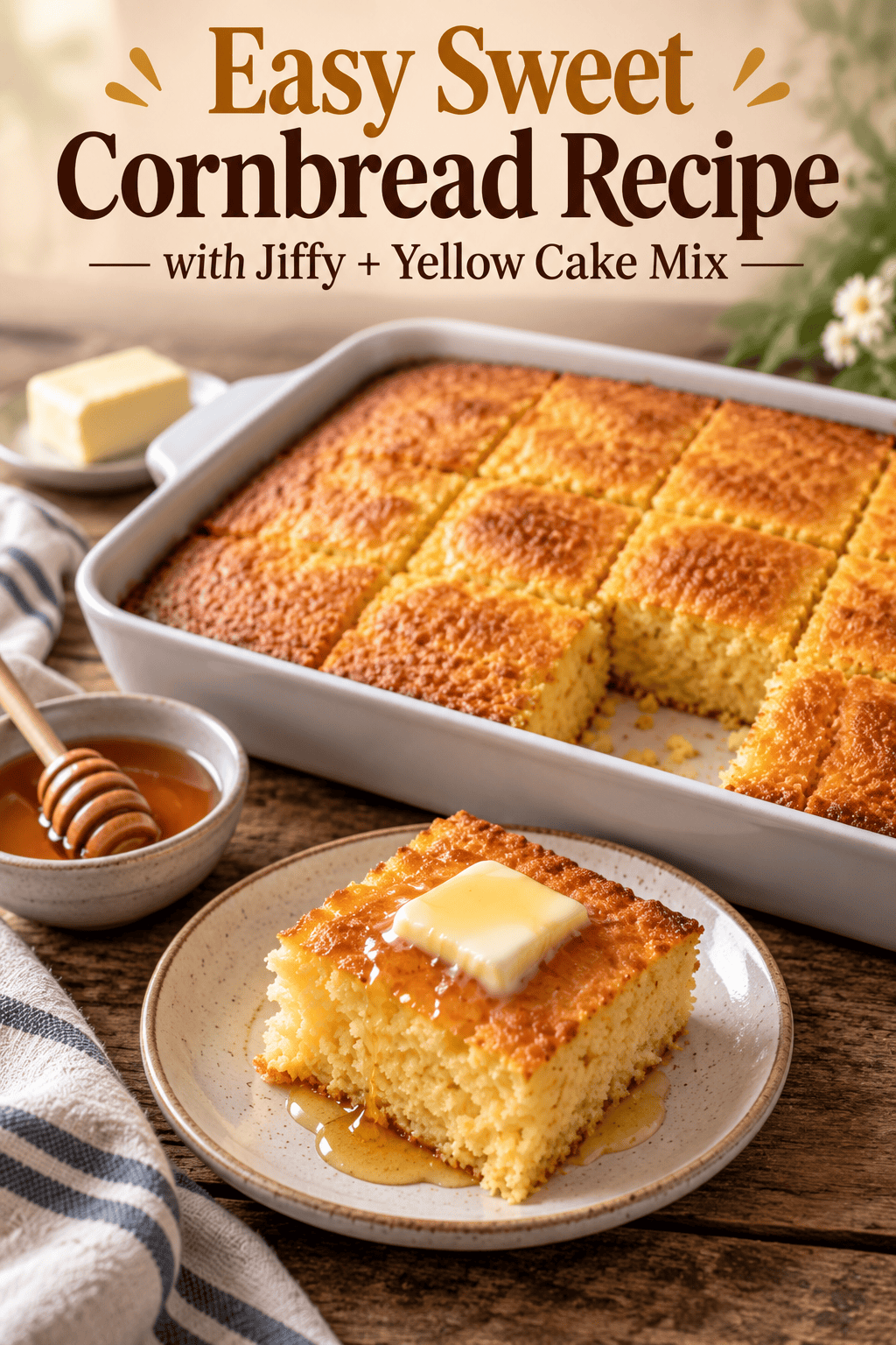 Easy Sweet Cornbread Recipe with Jiffy and Yellow Cake Mix with golden cornbread, butter, and honey