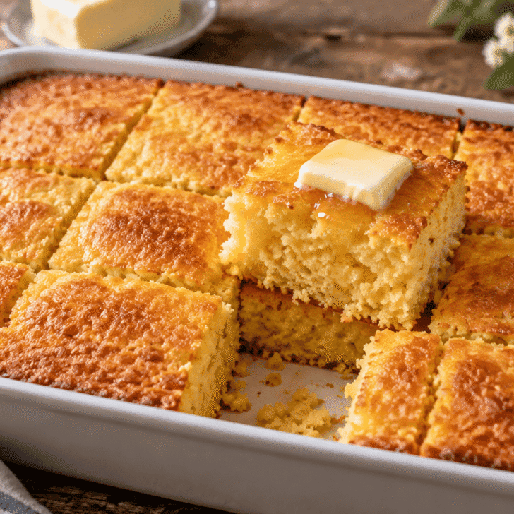 Easy sweet cornbread with Jiffy and yellow cake mix cut into golden squares with butter