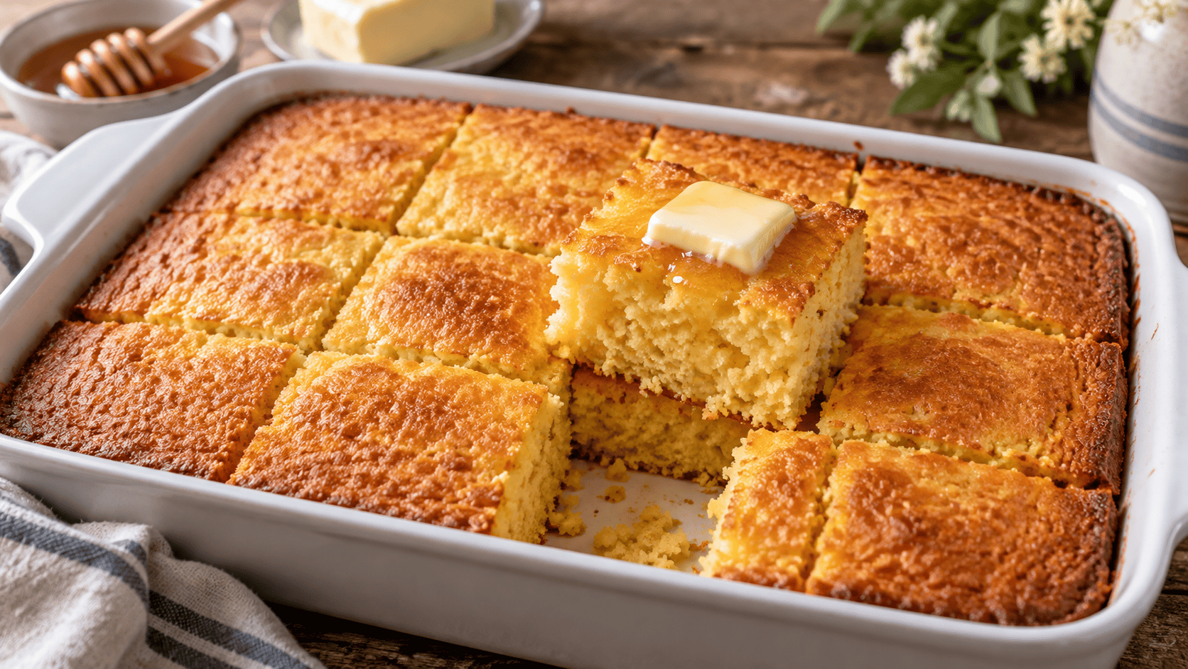 Easy sweet cornbread with Jiffy and yellow cake mix cut into golden squares with butter