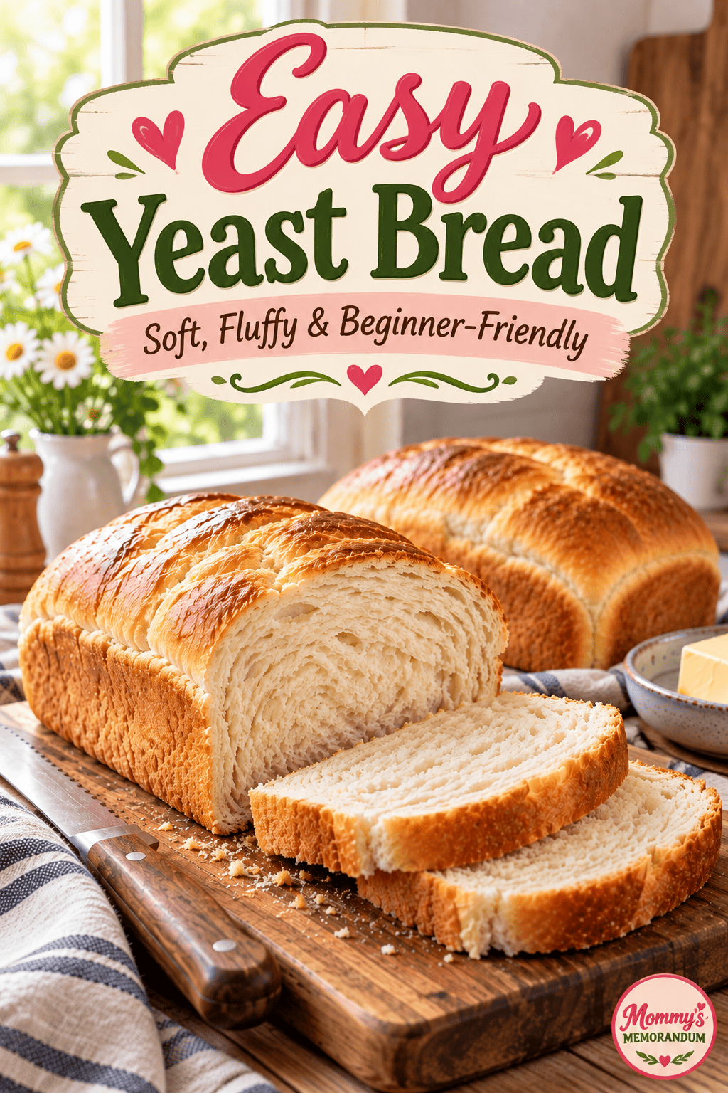 Easy Yeast Bread Pinterest graphic with homemade loaves and the text Easy Yeast Bread Soft, Fluffy and Beginner-Friendly