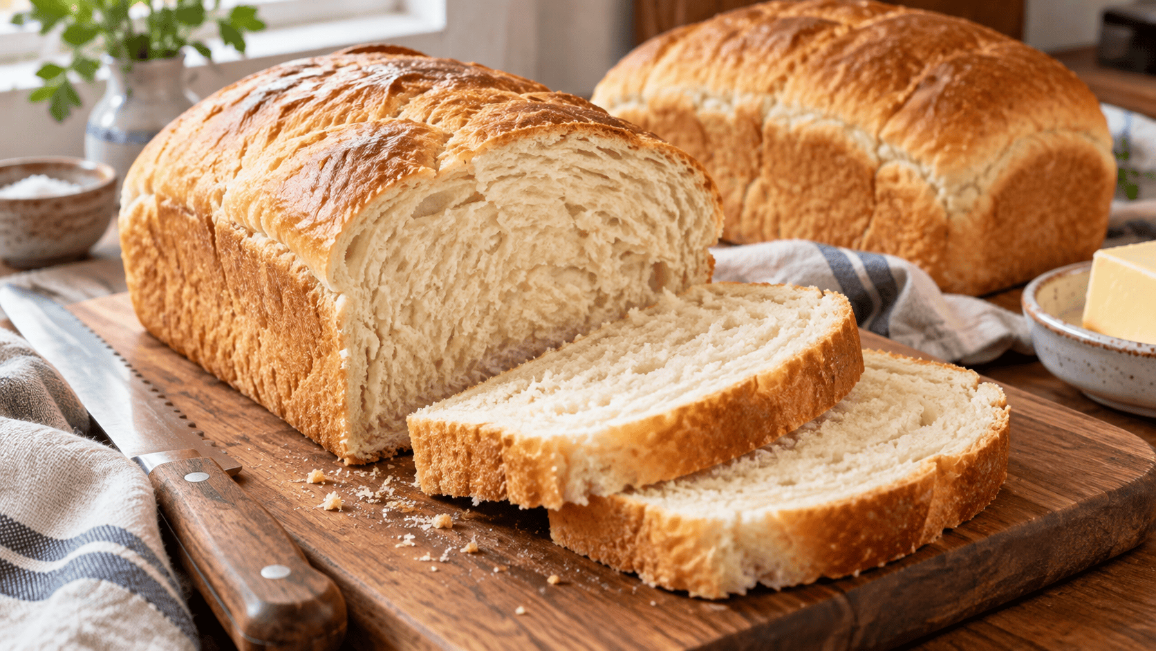 Easy yeast bread recipe with two soft homemade loaves, one sliced on a wooden board