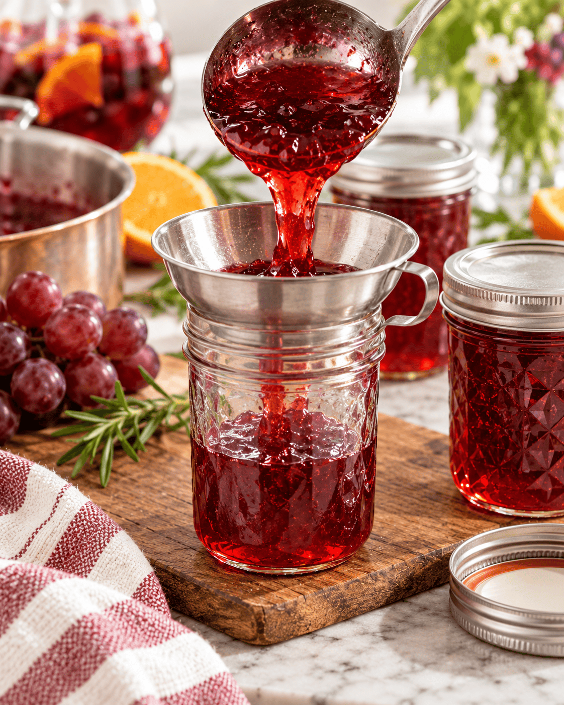 Hot sangria jelly being ladled through a funnel into a clear glass jelly jar