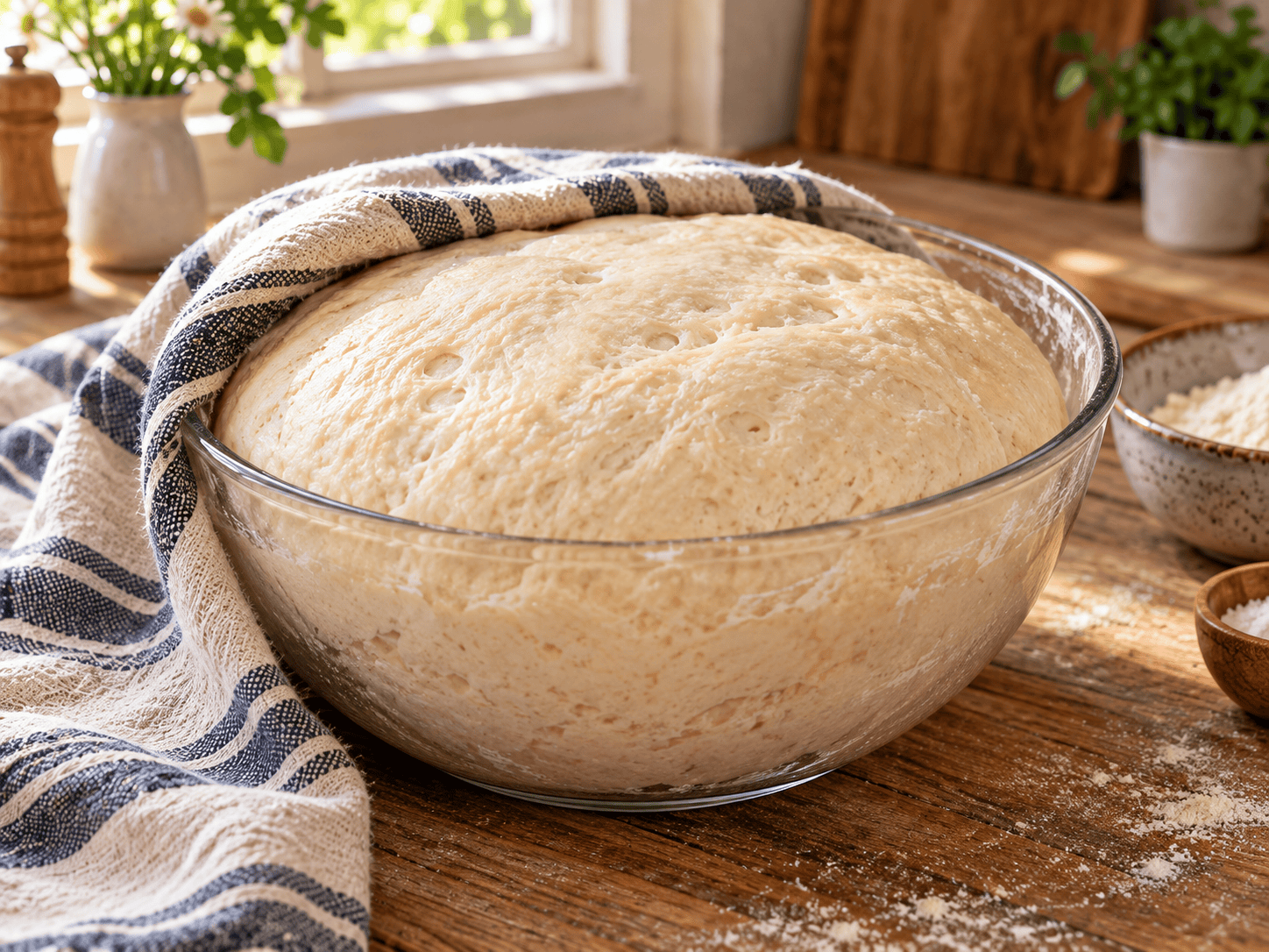 Yeast bread dough rising in a glass bowl covered with a kitchen towel