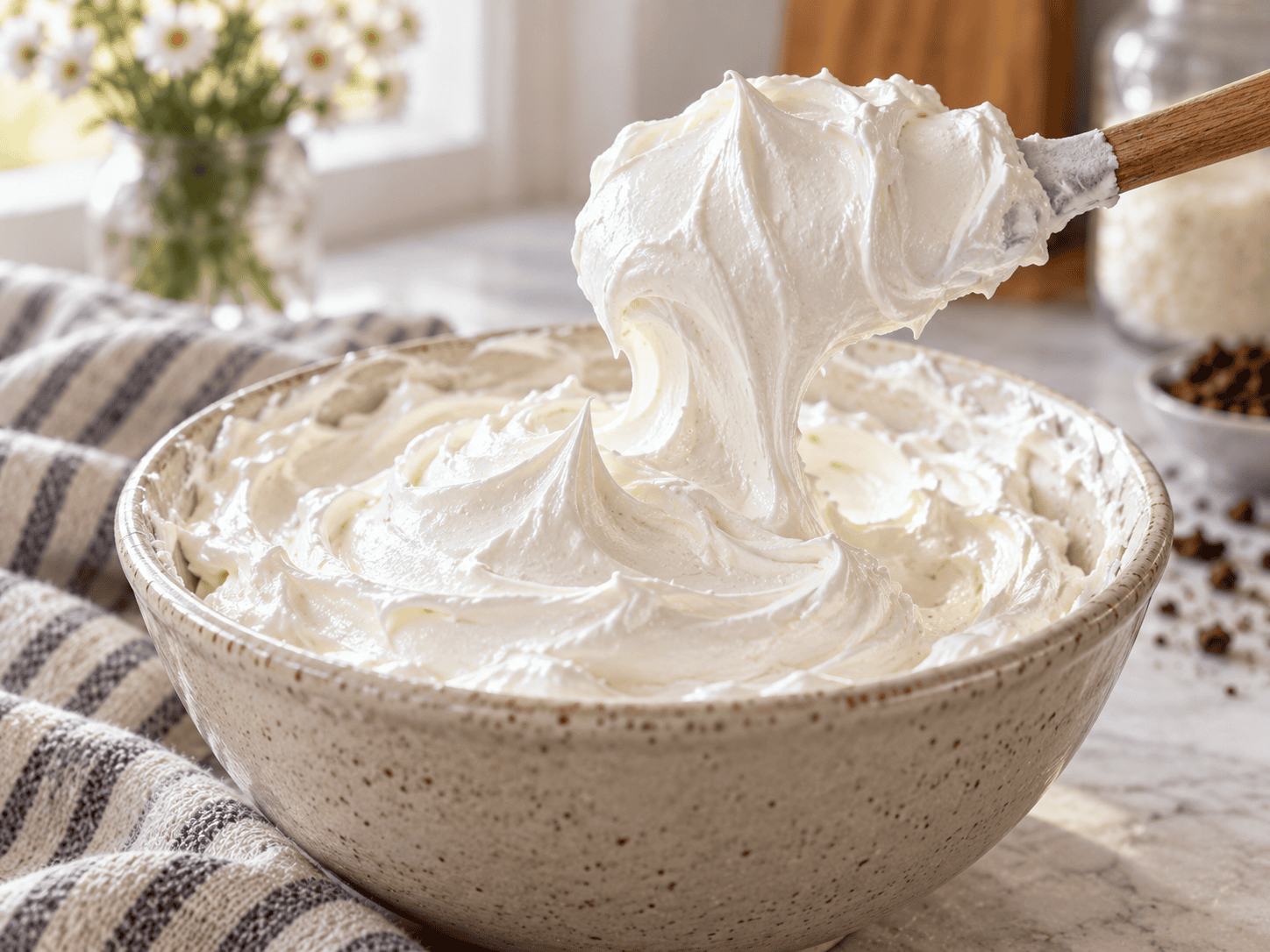 Fluffy marshmallow frosting lifted from a bowl with a spatula showing thick glossy peaks