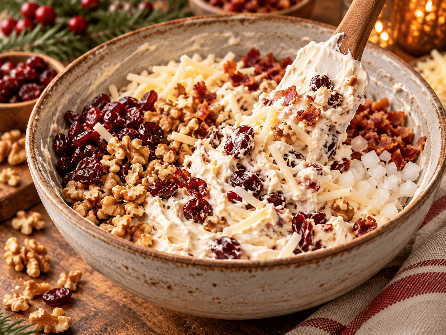 Dried cranberries, walnuts, Swiss cheese, bacon bits, and onion being folded into the creamy base for cranberry walnut dip.