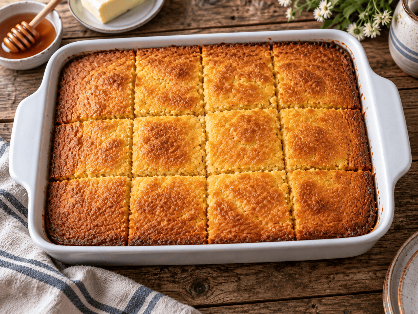 Golden baked sweet cornbread cut into squares in a white 9x13 baking dish