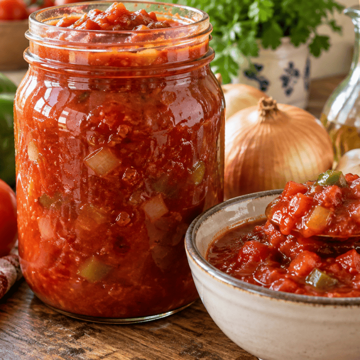 Grandma Janna's homemade chili sauce with tomatoes, green peppers and onions in a glass jar