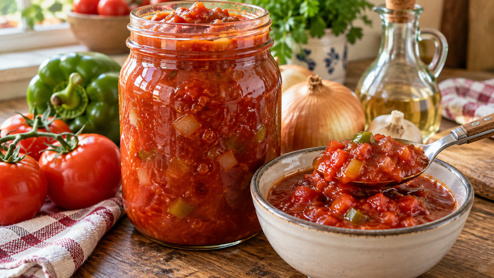 Grandma Janna's homemade chili sauce with tomatoes, green peppers and onions in a glass jar