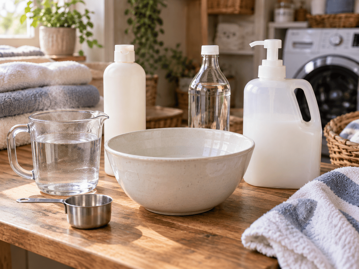 Ingredients and supplies for homemade fabric softener including conditioner, white vinegar, hot water, mixing bowl and measuring cup