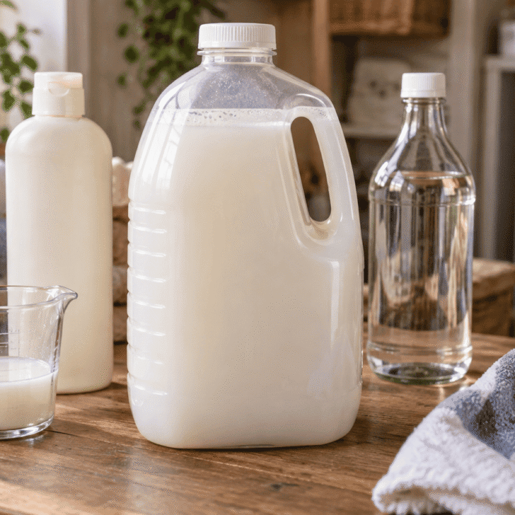 Homemade fabric softener made with conditioner, white vinegar and hot water in a reusable laundry bottle