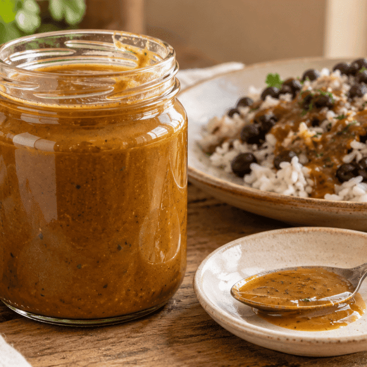 Homemade Salsa Lizano in a glass jar with a spoonful of sauce and a plate of rice and black beans.
