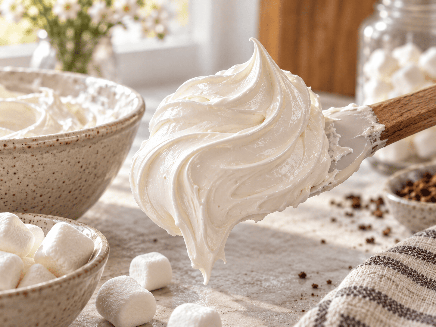 Close-up of thick glossy marshmallow frosting on a spatula with marshmallows nearby