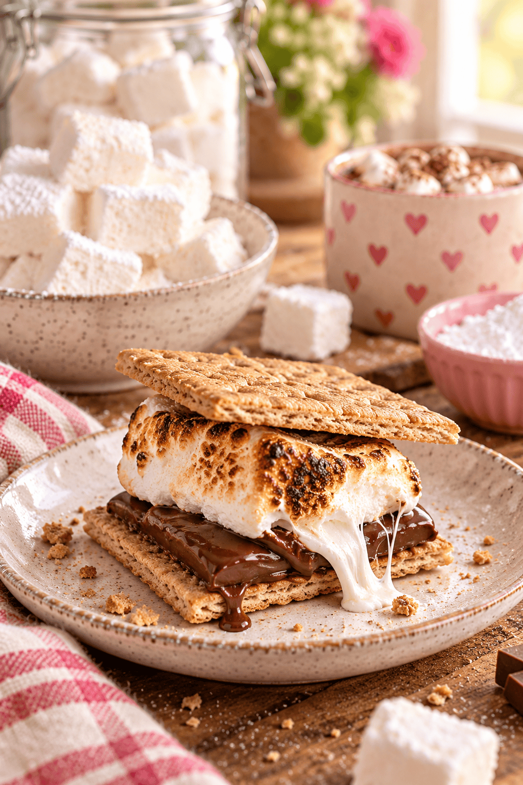 Gooey homemade marshmallow s’more with melted chocolate and graham crackers beside a bowl of fluffy marshmallows