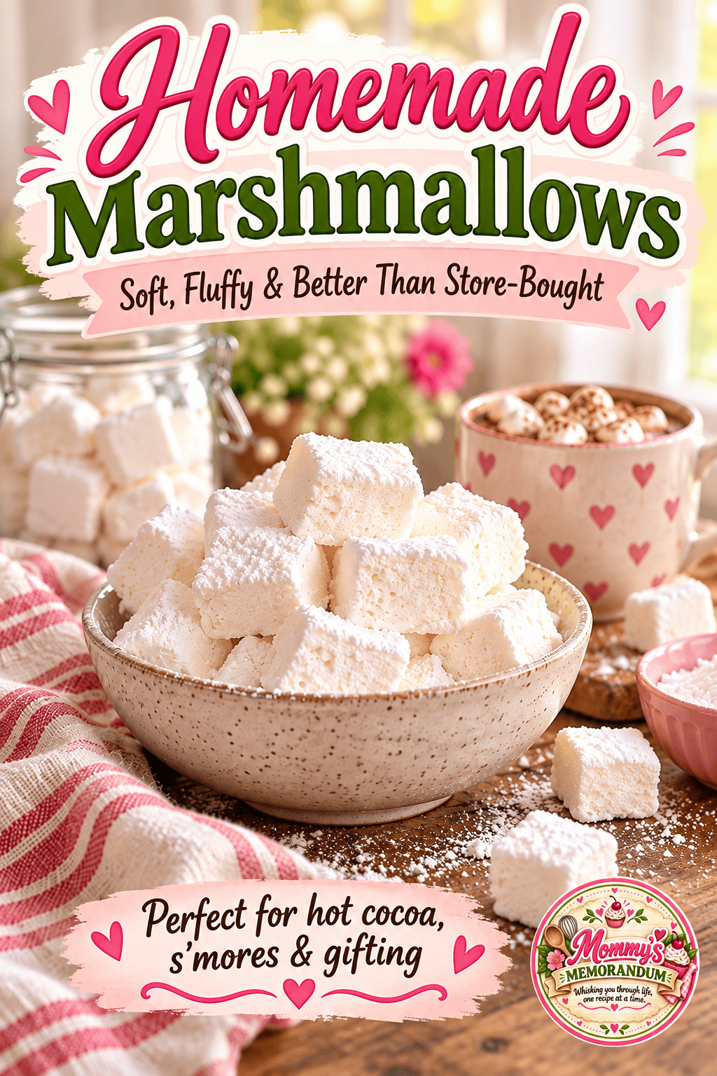 Homemade marshmallows piled in a bowl with hot cocoa and the text Homemade Marshmallows Soft Fluffy and Better Than Store-Bought