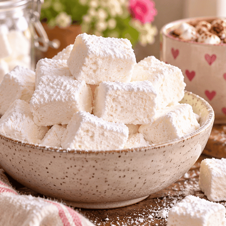 Soft homemade marshmallows dusted with powdered sugar in a bowl beside hot cocoa and a glass jar of marshmallows