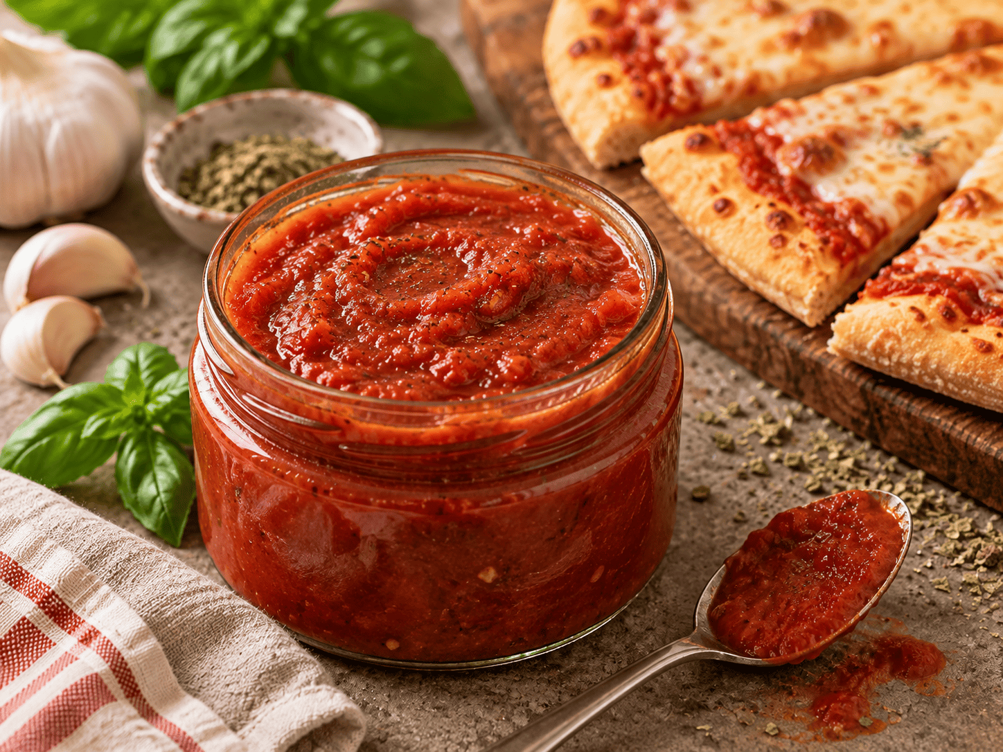 Homemade Pizza Hut Style Pizza Sauce Homemade Pizza Hut-style pizza sauce stored in a glass jar beside cheese pizza