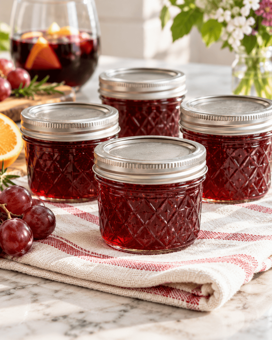 Four small jars filled with homemade ruby-red sangria jelly and topped with silver lids