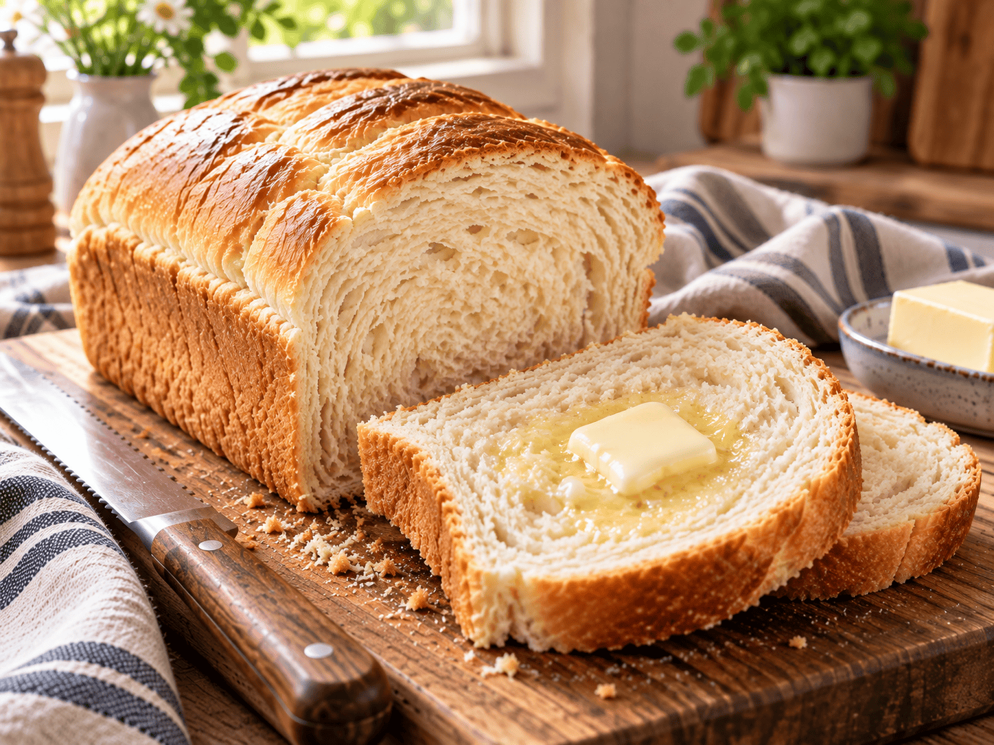 Slice of easy homemade yeast bread with melting butter on a wooden cutting board