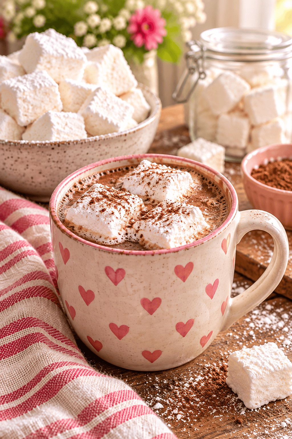Homemade marshmallows melting in a mug of hot cocoa beside a bowl and jar of fluffy marshmallows
