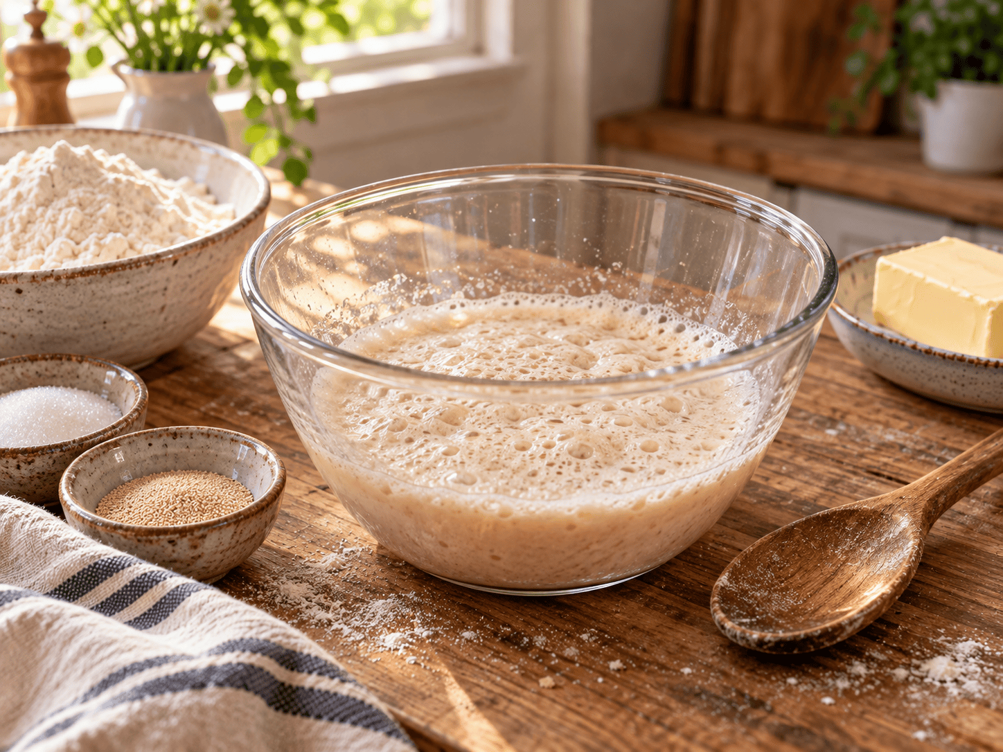 Activated yeast mixture in a glass bowl for easy yeast bread recipe