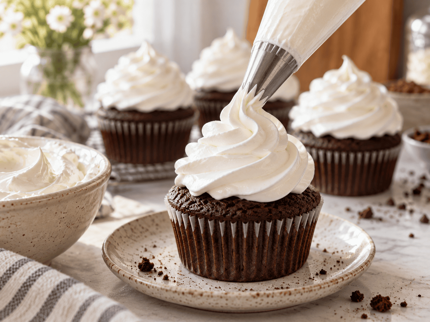 Piping homemade marshmallow frosting onto a chocolate cupcake