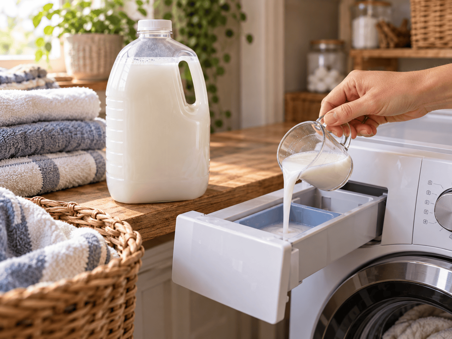 Pouring homemade fabric softener into the fabric softener dispenser of a washing machine