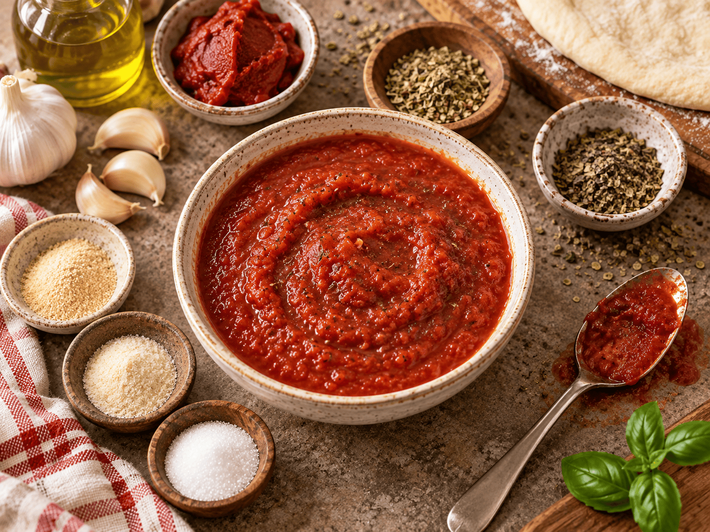Ingredients for Copycat Pizza Hut Pizza Sauce Homemade pizza sauce with tomato sauce, garlic, oregano, basil, thyme, and seasonings
